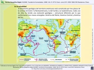 Revista Geográfica Digital. IGUNNE. Facultad de Humanidades. UNNE. Año 10. Nº19. Enero -Junio 2013. ISSN 1668-5180 Resistencia, Chaco
En la actualidad
El basamento geológico del territorio américano está constituido por tres placas de 
la corteza terrestre: la Norteaméricana, la del Caribe y la Sudaméricana. Cada una 
de  ellas  ha  tenido  una  evolución  geológica  – estructural  diferente  por  lo  que 
conformaron tres masas emergidas: América del Norte, América Central y América 
del Sur.
Prof.JorgeAlfredoALBERTOyProf.AníbalMarceloMIGNONE/2013
55
Publicado en formato digital: Prof. Jorge Alfredo ALBERTO y Prof. Aníbal Marcelo MIGNONE. GEOGRAFÍA DE AMÉRICA. EL MEDIO FISICO: GRANDES UNIDADES ESTRUCTURALES . 
Resúmenes. Revista Geográfica Digital.IGUNNE. Facultad de Humanidades. UNNE. Año 10. Nº19. Enero ‐Junio 2013. Resistencia, Chaco. 
En: http://hum.unne.edu.ar/revistas/geoweb/default.htm
 