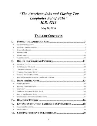 “The American Jobs and Closing Tax
                   Loopholes Act of 2010”
                        H.R. 4213
                                                                May 20, 2010


                                                TABLE OF CONTENTS
I.      PROMOTING AMERICAN JOBS ........................................................ 3
  A.   SMALL BUSINESS LENDING ............................................................................................................................... 3
  B.   INFRASTRUCTURE INVESTMENTS ......................................................................................................................3
  C.   BUSINESS TAX RELIEF ......................................................................................................................................5
  D.   PENSION RELIEF ................................................................................................................................................8
  E.   SUMMER JOBS ................................................................................................................................................. 10
  F.   TRADE PROVISIONS ......................................................................................................................................... 10

II.     RELIEF FOR WORKING FAMILIES ................................................ 11
  A.   INDIVIDUAL TAX CUTS ................................................................................................................................... 11
  B.   UNEMPLOYMENT INSURANCE ......................................................................................................................... 12
  C.   TANF JOBS EMERGENCY FUND ...................................................................................................................... 12
  D.   VETERANS CONCURRENT RECEIPT .................................................................................................................. 12
  E.   NATIONAL HOUSING TRUST FUND .................................................................................................................. 13
  F.   HOLD HARMLESS PROVISIONS FOR LOW-INCOME FAMILIES ........................................................................... 13

III. DISASTER RESPONSE..................................................................... 13
  A.   OIL SPILL RESPONSE ....................................................................................................................................... 13
  B.   NATIONAL FLOOD INSURANCE ........................................................................................................................ 14
  C.   MINE SAFETY .................................................................................................................................................. 14
  D.   FEDERALLY-DECLARED DISASTER AREAS ...................................................................................................... 14
  E.   AGRICULTURE DISASTER RELIEF .................................................................................................................... 15
  F.   OTHER EXPIRING DISASTER RELIEF PROVISIONS ............................................................................................ 16

IV. DOMESTIC ENERGY ...................................................................... 16
V. EXTENSION OF OTHER EXPIRING TAX PROVISIONS .................. 18
  A.   CHARITABLE PROVISIONS ............................................................................................................................... 18
  B.   MISCELLANEOUS ............................................................................................................................................. 19

VI. CLOSING FOREIGN TAX LOOPHOLES .......................................... 20

                                                                                1
 