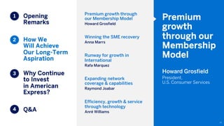 Opening
Remarks
How We
Will Achieve
Our Long-Term
Aspiration
Why Continue
to Invest
in American
Express?
Q&A
1
2
3
4
Premium
growth
through our
Membership
Model
Howard Grosfield
President,
U.S. Consumer Services
Premium growth through
our Membership Model
Howard Grosfield
Winning the SME recovery
Anna Marrs
Runway for growth in
International
Rafa Marquez
Expanding network
coverage & capabilities
Raymond Joabar
Efficiency, growth & service
through technology
Anré Williams
12
 
