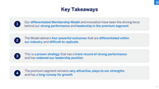 Our differentiated Membership Model and innovation have been the driving force
behind our strong performance and leadership in the premium segment
Key Takeaways
The Model delivers four powerful outcomes that are differentiated within
our industry and difficult to replicate
This is a proven strategy that has a track record of strong performance
and has widened our leadership position
The premium segment remains very attractive, plays to our strengths
and has a long runway for growth
1
2
3
4
42
 