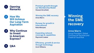 Opening
Remarks
How We
Will Achieve
Our Long-Term
Aspiration
Why Continue
to Invest
in American
Express?
Q&A
43
1
2
3
4
Premium growth through
our Membership Model
Howard Grosfield
Winning the SME recovery
Anna Marrs
Runway for growth in
International
Rafa Marquez
Expanding network
coverage & capabilities
Raymond Joabar
Efficiency, growth & service
through technology
Anré Williams
Winning
the SME
recovery
Anna Marrs
Group President, Global
Commercial Services and
Credit & Fraud Risk
 