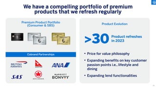 Premium Product Portfolio
(Consumer & SBS) Product Evolution
We have a compelling portfolio of premium
products that we refresh regularly
Cobrand Partnerships • Price for value philosophy
• Expanding benefits on key customer
passion points i.e., lifestyle and
dining
• Expanding lend functionalities
>30 Product refreshes
in 2023
88
 