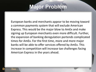 Major Problem

European banks and merchants appear to be moving toward
a common payments system that will exclude American
Express. This would be the major blow to AmEx and make
signing up European merchants even more difficult. Further,
the expansion of banking deregulation portends complicated
times for AmEx. For the first time, more and more major
banks will be able to offer services offered by AmEx. This
increase in competition will increase tae challenges facing
American Express in the years ahead.
 