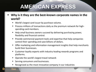 AMERICAN EXPRESS
 Why is it they are the best-known corporate names in the
  world?
    World's largest card issuer by purchase volume.
    Process millions of transactions daily as the premium network for high-
     spending card members.
    Help small business owners succeed by delivering purchasing power,
     flexibility and financial control.
    Provide commercial payment tools and expertise that help companies
     control their spending and save billions of dollars.
    Offer marketing and information management insights that help merchants
     build their businesses.
    Customer loyalty experts with industry-leading rewards programs and
     platforms.
    Operate the world’s largest travel network
    Serving consumers and businesses.
    Recognized as the most innovative company in our industries
 