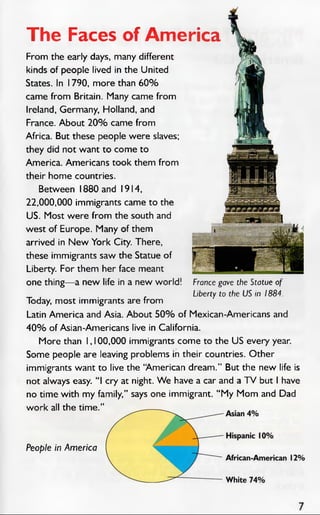 The Faces of America
From the early days, many different
kinds of people lived in the United
States. In 1790, more than 60 %
came from Britain. Many came from
Ireland, Germany, Holland, and
France. About 2 0 % came from
Africa. But these people were slaves;
they did not want to come to
America. Americans took them from
their home countries.
Between 1880 and 1914,
22,000,000 immigrants came to the
US. Most were from the south and
west of Europe. Many of them
arrived in N ew York City. There,
these immigrants saw the Statue of
Liberty. For them her face meant
one thing— a new life in a new world!
Today, most immigrants are from
Latin America and Asia. About 5 0 % of Mexican-Americans and
4 0 % of Asian-Americans live in California.
More than 1, 100,000 immigrants come to the US every year.
Some people are leaving problems in their countries. Other
immigrants want to live the “American dream.” But the new life is
not always easy. “ I cry at night. W e have a car and a TV but I have
no time with my family,” says one immigrant. “ My Mom and Dad
work all the time.”
France gave the Statue of
Liberty to the US in 1884.
People in America
 