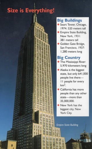 Empire State Building
Size is Everything!
Big Buildings
♦ Sears Tower, Chicago,
1974: 520 meters tall
♦ Empire State Building,
N ew York, 1931:
381 meters tall
♦ Golden Gate Bridge,
San Francisco, 1937:
1,280 meters long
Big Country
♦ The Mississippi River:
5,970 kilometers long
♦ Alaska is the biggest
state, but only 641,000
people live there—
I I people for every
km2.
♦ California has more
people than any other
state— more than
35,000,000.
♦ N ew York has the
biggest city, New
York City.
 