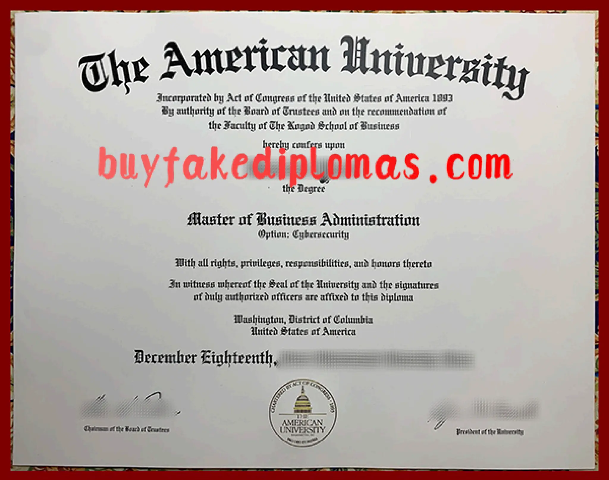 American University MBA Degree Certificate
