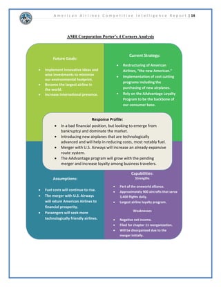 6WHS(YDOXDWHWKH9DOXHKDLQDQGRVW0RGHO 
$QDOVLVRI$05RUSRUDWLRQ¶VYDOXHFKDLQLQGLFDWHGWKDWWKHFRPSDQKDVEHHQDWWHPSWLQJWR 
UHGXFHLWVFRVWVWKURXJKRXWWKHHQWLUHYDOXHFKDLQGXHWRWKHFRPSDQ¶VSRRUILQDQFLDO 
SHUIRUPDQFH7KHFRPSDQVHHPVWREHIRFXVLQJPRVWRQUHGXFLQJFRVWVLQLWVLQERXQGORJLVWLFV 
RSHUDWLRQVVHUYLFHSURFXUHPHQWDQGLQIUDVWUXFWXUHDFWLYLWLHV$05KDVDWWHPSWHGWRORZHULWV 
IXHOFRVWVEERWKLQFUHDVLQJIXHOHIILFLHQFDQGNHHSLQJIXHOFRVWVDVORZDVSRVVLEOHE 
HVWDEOLVKLQJIXHOFRQVRUWLD7KHFRPSDQKDVDOVRGURSSHGRUDGGHGDSULFHWRPDQVHUYLFHVWKDW 
LWXVHGWRRIIHUIRUIUHHZKLFKKDVDOORZHGWKHFRPSDQWRJDLQDGGLWLRQDOUHYHQXHDOWKRXJKLW 
KDVRIIHQGHGVRPHFRQVXPHUV$05WRRNDGYDQWDJHRIWKHRSSRUWXQLWLHVDYDLODEOHDIWHU 
GHFODULQJKDSWHUEDQNUXSWFDQGUHQHJRWLDWHGPDQRILWVFRQWUDFWVZLWKVXSSOLHUVZKLFK 
ZDVDQRWKHUPRYHWKDWORZHUHGWKHFRPSDQ¶VFRVWV)LQDOOWKHFRPSDQUHRUJDQL]HGLWV 
LQIUDVWUXFWXUHLQDURXQGILYHKXEORFDWLRQV1HZRUNLWKLFDJR'DOODV)RUW:RUWK 
/RV$QJHOHVDQG0LDPL+RZHYHUWKHPHUJHUZLWK86$LUZDVZLOOFKDQJHWKLVDVWKHQHZ 
$PHULFDQZLOODOVRKDYHDOORI86$LUZDV¶KXEORFDWLRQV7KHPHUJHUZLOOIRUFHWKHFRPSDQ 
WRSXUVXHQHZVWUDWHJLHVDFURVVWKHYDOXHFKDLQDVWKHFRPSDQZLOOKDYHWRGHWHUPLQHWKHPRVW 
HIIHFWLYHZDWRRSHUDWHLQWKHQHZRUJDQL]DWLRQ)RUPRUHGHWDLORQ$05¶VYDOXHFKDLQVHHWKH 
VWUDWHJLHVVHFWLRQRI$05¶VRPSDQ3URILOH 
 
 
 
 
 
 
 