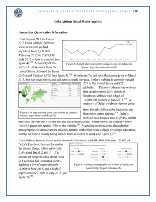 A m e r i c a n A i r l i n e s C o m p e t i t i v e I n t e l l i g e n c e R e p o r t | 32 
([WHUQDO6WUDWHJ$05¶VSULPDUH[WHUQDOJRDOLVWRUHJDLQWKHLUFRPSHWLWLYHSRVLWLRQDVD 
OHDGLQJJOREDODLUOLQHDVWKLVZLOOKHOSWKHPDFKLHYHWKHLUJRDORILQFUHDVLQJWKHLUSURILWDELOLW 
7KHFRPSDQLVFXUUHQWOXWLOL]LQJWZRPDLQVWUDWHJLHVWRDFKLHYHWKLVJRDODPHUJHUZLWK86 
$LUZDV*URXSDQGDPDUNHWLQJHIIRUWWKDWDWWHPSWVWRUHYLWDOL]HWKHFRPSDQ¶VLPDJH7KHVH 
WZRVWUDWHJLHVDUHLQWHUWZLQHGWKH³1HZ$PHULFDQ´PDUNHWLQJFDPSDLJQLVSDUWLDOODQDWWHPSW 
WRJDLQVXSSRUWIRUWKHPHUJHUDQGWRLQWURGXFHWKHFRPSDQWKDWZLOOIRUPRQFHWKHPHUJHUWDNHV 
SODFH 
 
7KHPHUJHUZLWK86$LUZDVZLOOKHOS$05WRHPHUJHIURPEDQNUXSWFDQGZLOODOORZWKH 
QHZFRPSDQWREHWWHUFRPSHWHZLWKRWKHUUHFHQWOPHUJHGFRPSDQLHVVXFKDV8QLWHG 
RQWLQHQWDO'HOWDDQG6RXWKZHVW$LUOLQHV7KHQHZFRPSDQZLOORIIHUPRUHIOLJKWVWRPRUH 
ORFDWLRQVDQGZLOOXWLOL]HERWK$05¶VDQG86$LUZDV¶FXUUHQWKXEORFDWLRQV'HVSLWHWKH 
DQWLWUXVWODZVXLWEURXJKWEWKH86'HSDUWPHQWRI-XVWLFHLQGXVWUH[SHUWVH[SHFWWKHPHUJHUWR 
VWLPXODWHFRPSHWLWLRQZLWKRWKHUOHJDFFDUULHUV$VWKHFRPSDQZRXOGEHDEOHWRDWWUDFWPRUH 
EXVLQHVVFOLHQWVZLWKWKHLUH[SDQGHGQHWZRUNH[SHUWVDOVRDQWLFLSDWHWKDWWKHQHZ$PHULFDQPD 
FKDUJHKLJKHUSULFHVWKDQWKHWZRFXUUHQWFRPSDQLHVGRDWWKHPRPHQW1HLWKHUFRPSDQKDV 
DQQRXQFHGWKHLUSODQVLIWKHPHUJHULVQRWDOORZHGWRWDNHSODFHGXHWRWKHDQWLWUXVWODZVXLW 
 
7KHFRPSDQ¶VPDUNHWLQJVWUDWHJLVIRFXVHGRQPDNLQJFRQVXPHUVDZDUHRIWKHEHQHILWV 
RIWKHPHUJHUDQGLQWURGXFLQJWKHPWRWKHQHZ$PHULFDQ7RUHIOHFWWKHFKDQJHWKH 
FRPSDQDGRSWHGDQHZORJRDQGDQHZORRNIRUWKHLUDLUSODQHVLQDGGLWLRQWRRUGHULQJKXQGUHGV 
RIQHZSODQHVWRXSGDWHWKHLUIOHHW7KHORJRFKDQJHZDVDFFRPSDQLHGEDPDUNHWLQJ 
FDPSDLJQWKDWLQFOXGHGFRPPHUFLDOVWKDWVHUYHDVEULHILQWURGXFWLRQVWRWKHQHZ$PHULFDQ 
$PHULFDQDQG86$LUZDVZLOOOLNHOFRQWLQXHWKLVPDUNHWLQJVWUDWHJXQWLOWKHPHUJHUWDNHV 
SODFHRUWKHFRXUWVDQQRXQFHWKDWWKHPHUJHUZLOOQRWEHDOORZHGWRKDSSHQ 
 
 
 
 
$PHULFDQ$LUOLQHV¶ROGORJROHIW 