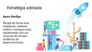 Estratégia adotada
Azure DevOps
Planeje de forma mais
inteligente, colabore
melhor e entregue mais
rapidamente com um
conjunto de serviços
modernos de
desenvolvimento.
 