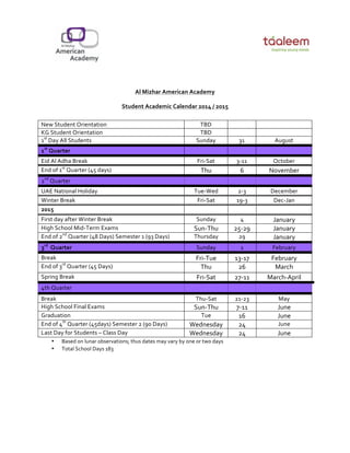 American Academy in Al-Mizhar, Academic Calendar SY 2014 - 2015 | PDF