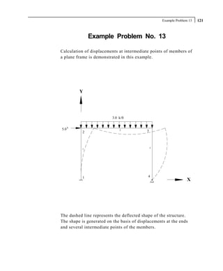 Example Problem 13   121



               Example Problem No. 13

Calculation of displacements at intermediate points of members of
a plane frame is demonstrated in this example.




          Y




                          3.0 k/ft

      k
5.0                            2           3
           2



           1                                   3




           1                                4
                                                                  X




The dashed line represents the deflected shape of the structure.
The shape is generated on the basis of displacements at the ends
and several intermediate points of the members.
 