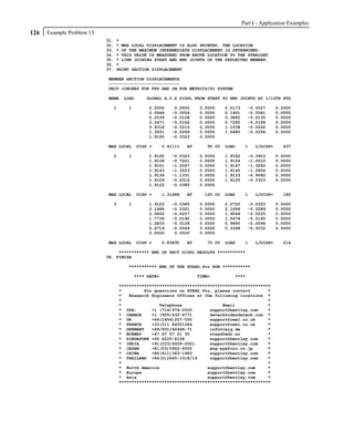 Part I - Application Examples
126   Example Problem 13
                           31.   *
                           32.   * MAX LOCAL DISPLACEMENT IS ALSO PRINTED. THE LOCATION
                           33.   * OF THE MAXIMUM INTERMEDIATE DISPLACEMENT IS DETERMINED.
                           34.   * THIS VALUE IS MEASURED FROM ABOVE LOCATION TO THE STRAIGHT
                           35.   * LINE JOINING START AND END JOINTS OF THE DEFLECTED MEMBER.
                           36.   *
                           37.   PRINT SECTION DISPLACEMENT

                           MEMBER SECTION DISPLACEMENTS
                           ----------------------------
                           UNIT =INCHES FOR FPS AND CM FOR METRICS/SI SYSTEM

                           MEMB    LOAD      GLOBAL X,Y,Z DISPL FROM START TO END JOINTS AT 1/12TH PTS

                             1       1        0.0000      0.0000     0.0000     0.0173     -0.0027      0.0000
                                              0.0666     -0.0054     0.0000     0.1461     -0.0081      0.0000
                                              0.2539     -0.0108     0.0000     0.3882     -0.0135      0.0000
                                              0.5471     -0.0162     0.0000     0.7290     -0.0188      0.0000
                                              0.9318     -0.0215     0.0000     1.1538     -0.0242      0.0000
                                              1.3931     -0.0269     0.0000     1.6480     -0.0296      0.0000
                                              1.9165     -0.0323     0.0000

                           MAX LOCAL      DISP =      0.41111   AT      90.00   LOAD      1   L/DISP=      437

                             2       1        1.9165     -0.0323     0.0000     1.9162     -0.3903      0.0000
                                              1.9158     -0.7221     0.0000     1.9154     -1.0010      0.0000
                                              1.9151     -1.2067     0.0000     1.9147     -1.3260      0.0000
                                              1.9143     -1.3523     0.0000     1.9140     -1.2856      0.0000
                                              1.9136     -1.1331     0.0000     1.9133     -0.9082      0.0000
                                              1.9129     -0.6316     0.0000     1.9125     -0.3303      0.0000
                                              1.9122     -0.0385     0.0000

                           MAX LOCAL      DISP =      1.31688   AT     120.00   LOAD      1   L/DISP=      182

                             3       1        1.9122     -0.0385     0.0000     2.0720     -0.0353      0.0000
                                              2.1486     -0.0321     0.0000     2.1494     -0.0289      0.0000
                                              2.0822     -0.0257     0.0000     1.9544     -0.0225      0.0000
                                              1.7736     -0.0192     0.0000     1.5474     -0.0160      0.0000
                                              1.2833     -0.0128     0.0000     0.9890     -0.0096      0.0000
                                              0.6719     -0.0064     0.0000     0.3398     -0.0032      0.0000
                                              0.0000      0.0000     0.0000

                           MAX LOCAL      DISP =      0.83895   AT      75.00   LOAD      1   L/DISP=      214

                                ************ END OF SECT DISPL RESULTS ***********
                           38. FINISH

                                     *********** END OF THE STAAD.Pro RUN ***********

                                         **** DATE=                  TIME=         ****

                                 ************************************************************
                                 *         For questions on STAAD.Pro, please contact       *
                                 *   Research Engineers Offices at the following locations *
                                 *                                                          *
                                 *               Telephone                Email             *
                                 * USA:       +1 (714)974-2500       support@bentley.com    *
                                 * CANADA     +1 (905)632-4771       detech@odandetech.com *
                                 * UK         +44(1454)207-000       support@reel.co.uk     *
                                 * FRANCE     +33(0)1 64551084       support@reel.co.uk     *
                                 * GERMANY    +49/931/40468-71       info@reig.de           *
                                 * NORWAY     +47 67 57 21 30        staad@edr.no           *
                                 * SINGAPORE +65 6225-6158           support@bentley.com    *
                                 * INDIA      +91(033)4006-2021      support@bentley.com    *
                                 * JAPAN      +81(03)5952-6500       eng-eye@crc.co.jp      *
                                 * CHINA      +86(411)363-1983       support@bentley.com    *
                                 * THAILAND +66(0)2645-1018/19       support@bentley.com    *
                                 *                                                          *
                                 * North America                    support@bentley.com     *
                                 * Europe                           support@bentley.com     *
                                 * Asia                             support@bentley.com     *
                                 ************************************************************
 