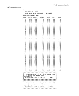 Part I - Application Examples
136   Example Problem 14
                           LOADING     2
                           -----------
                               SELFWEIGHT    Y    -1.000

                             ACTUAL WEIGHT OF THE STRUCTURE =         185.529 KIP

                           JOINT LOAD - UNIT KIP     FEET

                           JOINT   FORCE-X       FORCE-Y    FORCE-Z    MOM-X        MOM-Y     MOM-Z

                             17      0.00         -2.50       0.00      0.00        0.00       0.00
                             18      0.00         -2.50       0.00      0.00        0.00       0.00
                             19      0.00         -2.50       0.00      0.00        0.00       0.00
                             20      0.00         -2.50       0.00      0.00        0.00       0.00
                             21      0.00         -2.50       0.00      0.00        0.00       0.00
                             22      0.00         -2.50       0.00      0.00        0.00       0.00
                             23      0.00         -2.50       0.00      0.00        0.00       0.00
                             24      0.00         -2.50       0.00      0.00        0.00       0.00
                             25      0.00         -2.50       0.00      0.00        0.00       0.00
                             26      0.00         -2.50       0.00      0.00        0.00       0.00
                             27      0.00         -2.50       0.00      0.00        0.00       0.00
                             28      0.00         -2.50       0.00      0.00        0.00       0.00
                             29      0.00         -2.50       0.00      0.00        0.00       0.00
                             30      0.00         -2.50       0.00      0.00        0.00       0.00
                             31      0.00         -2.50       0.00      0.00        0.00       0.00
                             32      0.00         -2.50       0.00      0.00        0.00       0.00
                             33      0.00         -2.50       0.00      0.00        0.00       0.00
                             34      0.00         -2.50       0.00      0.00        0.00       0.00
                             35      0.00         -2.50       0.00      0.00        0.00       0.00
                             36      0.00         -2.50       0.00      0.00        0.00       0.00
                             37      0.00         -2.50       0.00      0.00        0.00       0.00
                             38      0.00         -2.50       0.00      0.00        0.00       0.00
                             39      0.00         -2.50       0.00      0.00        0.00       0.00
                             40      0.00         -2.50       0.00      0.00        0.00       0.00
                             41      0.00         -2.50       0.00      0.00        0.00       0.00
                             42      0.00         -2.50       0.00      0.00        0.00       0.00
                             43      0.00         -2.50       0.00      0.00        0.00       0.00
                             44      0.00         -2.50       0.00      0.00        0.00       0.00
                             45      0.00         -2.50       0.00      0.00        0.00       0.00
                             46      0.00         -2.50       0.00      0.00        0.00       0.00
                             47      0.00         -2.50       0.00      0.00        0.00       0.00
                             48      0.00         -2.50       0.00      0.00        0.00       0.00
                             49      0.00         -1.25       0.00      0.00        0.00       0.00
                             50      0.00         -1.25       0.00      0.00        0.00       0.00
                             51      0.00         -1.25       0.00      0.00        0.00       0.00
                             52      0.00         -1.25       0.00      0.00        0.00       0.00
                             53      0.00         -1.25       0.00      0.00        0.00       0.00
                             54      0.00         -1.25       0.00      0.00        0.00       0.00
                             55      0.00         -1.25       0.00      0.00        0.00       0.00
                             56      0.00         -1.25       0.00      0.00        0.00       0.00
                             57      0.00         -1.25       0.00      0.00        0.00       0.00
                             58      0.00         -1.25       0.00      0.00        0.00       0.00
                             59      0.00         -1.25       0.00      0.00        0.00       0.00
                             60      0.00         -1.25       0.00      0.00        0.00       0.00
                             61      0.00         -1.25       0.00      0.00        0.00       0.00
                             62      0.00         -1.25       0.00      0.00        0.00       0.00
                             63      0.00         -1.25       0.00      0.00        0.00       0.00
                             64      0.00         -1.25       0.00      0.00        0.00       0.00

                           ***********************************************************
                           *                                                         *
                           * X DIRECTION : Ta = 0.410 Tb = 0.252 Tuser = 0.000 *
                           * C =    2.7500, LOAD FACTOR = 0.750                      *
                           * UBC TYPE = 94                                           *
                           * UBC FACTOR V = 0.0611 X      285.53 =     17.45 KIP     *
                           *                                                         *
                           ***********************************************************
                           ***********************************************************
                           *                                                         *
                           * Z DIRECTION : Ta = 0.410 Tb = 0.988 Tuser = 0.000 *
                           * C =    2.7500, LOAD FACTOR = 0.750                      *
                           * UBC TYPE = 94                                           *
                           * UBC FACTOR V = 0.0611 X      285.53 =     17.45 KIP     *
                           *                                                         *
                           ***********************************************************
 