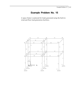 Example Problem 15          141



                                Example Problem No. 15

A space frame is analyzed for loads generated using the built-in
wind and floor load generation facilities.




                           17                       22                   18                 23                      19
                      32                                                34
                 20                       24                   21
            33                                                35
    22                              25                   23                            26            24

                                                                                                                        11
                                                                             10
                                9

                      12                                           13                                     16

            14                                           15


                          9                         17                  10                  18                      11
                      27                                                29
            12                                 19             13                                               31
            28                                                30
    14                               20                  15                       21                 16

                                                                                                                        3
                                                                              2
                           1

                 4    Y                                            5

        6
                                                         7
                                                                                                     8
                                1                                       2                                           3
                      Z                        X
             4                                                5

    6                                                    7                                       8
 