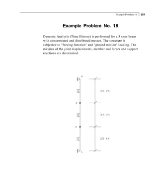 Example Problem 16   155



             Example Problem No. 16

Dynamic Analysis (Time History) is performed for a 3 span beam
with concentrated and distributed masses. The structure is
subjected to "forcing function" and "ground motion" loading. The
maxima of the joint displacements, member end forces and support
reactions are determined.
 