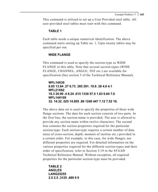 Example Problem 17   165
This command is utilized to set up a User Provided steel table. All
user provided steel tables must start with this command.

    TABLE 1

Each table needs a unique numerical identification. The above
command starts setting up Table no. 1. Upto twenty tables may be
specified per run.

    WIDE FLANGE

This command is used to specify the section-type as WIDE
FLANGE in this table. Note that several section-types (WIDE
FLANGE, CHANNEL, ANGLE, TEE etc.) are available for
specification (See section 5 of the Technical Reference Manual).

    WFL14X30
    8.85 13.84 .27 6.73 .385 291. 19.6 .38 4.0 4.1
    WFL21X62
    18.3 20.99 .4 8.24 .615 1330 57.5 1.83 0.84 7.0
    WFL14X109
    32. 14.32 .525 14.605 .86 1240 447 7.12 7.52 16.

The above data set is used to specify the properties of three wide
flange sections. The data for each section consists of two parts. In
the first line, the section-name is provided. The user is allowed to
provide any section name within twelve characters. The second
line contains the section properties required for the particular
section-type. Each section-type requires a certain number of data
(area of cross-section, depth, moment of inertias etc.) provided in
a certain order. For example, in this case, for wide flanges, ten
different properties are required. For detailed information on the
various properties required for the different section-types and their
order of specification, refer to Section 5.19 in the STAAD
Technical Reference Manual. Without exception, all required
properties for the particular section-type must be provided.

    TABLE 2
    ANGLES
    LANG25255
    2.5 2.5 .3125 .489 0 0
 