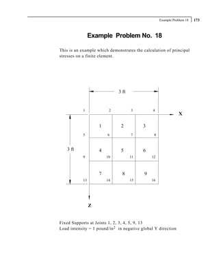 Example Problem 18   173



                 Example Problem No. 18

This is an example which demonstrates the calculation of principal
stresses on a finite element.




                              3 ft


            1             2          3          4
                                                               X

                     1         2           3
            5            6           7          8


   3 ft              4         5           6
            9            10          11        12



                     7          8          9
            13           14          15        16




                 Z


Fixed Supports at Joints 1, 2, 3, 4, 5, 9, 13
Load intensity = 1 pound/in 2 in negative global Y direction
 