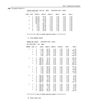 Part I - Application Examples
188   Example Problem 19
                            SUPPORT REACTIONS -UNIT KN       METE       STRUCTURE TYPE = SPACE
                            -----------------

                           JOINT   LOAD    FORCE-X    FORCE-Y    FORCE-Z       MOM-X         MOM-Y         MOM Z

                               5     1     415.30       59.81        0.00          0.00          0.00          0.00
                                     2     154.54        6.79        0.00          0.00          0.00          0.00
                                     3     569.83       66.60        0.00          0.00          0.00          0.00
                               6     1     410.64       60.94        0.00          0.00          0.00          0.00
                                     2     152.67        7.25        0.00          0.00          0.00          0.00
                                     3     563.31       68.19        0.00          0.00          0.00          0.00
                               1     1      -3.15       60.21       -3.15          0.00          0.00          0.00
                                     2      -1.27       32.84       -1.27          0.00          0.00          0.00
                                     3      -4.42       93.05       -4.42          0.00          0.00          0.00
                               4     1       0.00       60.33        0.00          0.00          0.00          0.00
                                     2       0.00       32.89        0.00          0.00          0.00          0.00
                                     3       0.00       93.22        0.00          0.00          0.00          0.00


                            ************** END OF LATEST ANALYSIS RESULT **************


                             33. PRINT MEMBER FORCES


                            MEMBER END FORCES        STRUCTURE TYPE = SPACE
                            -----------------
                            ALL UNITS ARE -- KN       METE

                           MEMBER   LOAD   JT        AXIAL   SHEAR-Y    SHEAR-Z     TORSION          MOM-Y            MOM-Z

                               1     1      1        -4.46    60.21         0.00          0.00          0.00        0.00
                                            2         4.46    89.73         0.00          0.00          0.00     -208.74
                                     2      1        -1.79    32.84         0.00          0.00          0.00        0.00
                                            2         1.79    52.01         0.00          0.00          0.00     -135.58
                                     3      1        -6.25    93.05         0.00          0.00          0.00        0.00
                                            2         6.25   141.75         0.00          0.00          0.00     -344.32

                               2     1      2    300.10       75.79         0.00          0.00          0.00      125.95
                                            3   -300.10       74.15         0.00          0.00          0.00     -114.37
                                     2      2    120.47       42.75         0.00          0.00          0.00       76.77
                                            3   -120.47       42.10         0.00          0.00          0.00      -72.12
                                     3      2    420.57      118.55         0.00          0.00          0.00      202.71
                                            3   -420.57      116.25         0.00          0.00          0.00     -186.49

                               3     1      3        0.00     89.61         0.00          0.00          0.00      207.02
                                            4        0.00     60.33         0.00          0.00          0.00        0.00
                                     2      3        0.00     51.96         0.00          0.00          0.00      134.89
                                            4        0.00     32.89         0.00          0.00          0.00        0.00
                                     3      3        0.00    141.58         0.00          0.00          0.00      341.90
                                            4        0.00     93.22         0.00          0.00          0.00        0.00

                               4     1      5    415.30         59.81       0.00          0.00          0.00        0.00
                                            2   -344.24         40.69       0.00          0.00          0.00       82.79
                                     2      5    154.54          6.79       0.00          0.00          0.00        0.00
                                            2   -154.54         -6.79       0.00          0.00          0.00       58.81
                                     3      5    569.83         66.60       0.00          0.00          0.00        0.00
                                            2   -498.77         33.90       0.00          0.00          0.00      141.61

                               5     1      6    410.64         60.94       0.00          0.00          0.00        0.00
                                            3   -339.58         39.55       0.00          0.00          0.00       92.64
                                     2      6    152.67          7.25       0.00          0.00          0.00        0.00
                                            3   -152.67         -7.25       0.00          0.00          0.00       62.77
                                     3      6    563.31         68.19       0.00          0.00          0.00        0.00
                                            3   -492.25         32.30       0.00          0.00          0.00      155.41


                            ************** END OF LATEST ANALYSIS RESULT **************


                             34. PRINT JOINT DISP
 