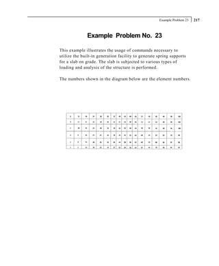 Example Problem 23   217



              Example Problem No. 23

This example illustrates the usage of commands necessary to
utilize the built-in generation facility to generate spring supports
for a slab on grade. The slab is subjected to various types of
loading and analysis of the structure is performed.

The numbers shown in the diagram below are the element numbers.
 