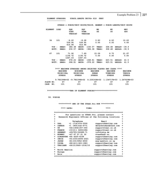 Example Problem 23   227
 ELEMENT STRESSES      FORCE,LENGTH UNITS= KIP   FEET
 ----------------

           STRESS = FORCE/UNIT WIDTH/THICK, MOMENT = FORCE-LENGTH/UNIT WIDTH

ELEMENT   LOAD        SQX         SQY         MX           MY             MXY
                      VONT        VONB        SX           SY             SXY
                      TRESCAT     TRESCAB


   34     101       -6.22         -8.28      0.83         4.63            10.63
                   539.95        539.95      0.00         0.00             0.00
                   616.96        616.96
     TOP :   SMAX=   386.38     SMIN= -230.57 TMAX=     308.48   ANGLE= -39.9
     BOTT:   SMAX=   230.57     SMIN= -386.38 TMAX=     308.48   ANGLE= -39.9

   67     101       71.92          7.69      15.09        9.75            21.67
                  1136.72       1136.72       0.00        0.00             0.00
                  1247.03       1247.03
     TOP :   SMAX=   978.22     SMIN= -268.81 TMAX=     623.51   ANGLE=   41.5
     BOTT:   SMAX=   268.81     SMIN= -978.22 TMAX=     623.51   ANGLE=   41.5


          **** MAXIMUM STRESSES AMONG SELECTED PLATES AND CASES ****
             MAXIMUM       MINIMUM       MAXIMUM       MAXIMUM       MAXIMUM
            PRINCIPAL     PRINCIPAL       SHEAR       VONMISES       TRESCA
             STRESS        STRESS        STRESS        STRESS        STRESS

         9.782190E+02 -9.782190E+02    6.235143E+02   1.136717E+03   1.247029E+03
PLATE NO.      67            67              67             67             67
CASE NO.      101           101             101            101            101


 ********************END OF ELEMENT FORCES********************


  59. FINISH


             *********** END OF THE STAAD.Pro RUN ***********

                **** DATE=            TIME=             ****

        ************************************************************
        *         For questions on STAAD.Pro, please contact       *
        *   Research Engineers Offices at the following locations *
        *                                                          *
        *               Telephone                Email             *
        * USA:       +1 (714)974-2500       support@bentley.com    *
        * CANADA     +1 (905)632-4771       detech@odandetech.com *
        * UK         +44(1454)207-000       support@reel.co.uk     *
        * FRANCE     +33(0)1 64551084       support@reel.co.uk     *
        * GERMANY    +49/931/40468-71       info@reig.de           *
        * NORWAY     +47 67 57 21 30        staad@edr.no           *
        * SINGAPORE +65 6225-6158           support@bentley.com    *
        * INDIA      +91(033)4006-2021      support@bentley.com    *
        * JAPAN      +81(03)5952-6500       eng-eye@crc.co.jp      *
        * CHINA      +86(411)363-1983       support@bentley.com    *
        * THAILAND +66(0)2645-1018/19       support@bentley.com    *
        *                                                          *
        * North America                    support@bentley.com     *
        * Europe                           support@bentley.com     *
        * Asia                             support@bentley.com     *
        ************************************************************
 