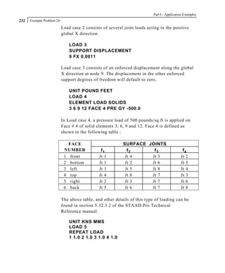 Part I - Application Examples
232   Example Problem 24

                           Load case 2 consists of several joint loads acting in the positive
                           global X direction.

                               LOAD 3
                               SUPPORT DISPLACEMENT
                               9 FX 0.0011

                           Load case 3 consists of an enforced displacement along the global
                           X direction at node 9. The displacement in the other enforced
                           support degrees of freedom will default to zero.

                               UNIT POUND FEET
                               LOAD 4
                               ELEMENT LOAD SOLIDS
                               3 6 9 12 FACE 4 PRE GY -500.0

                           In Load case 4, a pressure load of 500 pounds/sq.ft is applied on
                           Face # 4 of solid elements 3, 6, 9 and 12. Face 4 is defined as
                           shown in the following table :

                              FACE                         SURFACE JOINTS
                            NUMBER             f1            f2      f3                      f4
                            1 front           Jt 1          Jt 4    Jt 3                    Jt 2
                            2 bottom          Jt 1          Jt 2    Jt 6                    Jt 5
                            3 left            Jt 1          Jt 5    Jt 8                    Jt 4
                            4 top             Jt 4          Jt 8    Jt 7                    Jt 3
                            5 right           Jt 2          Jt 3    Jt 7                    Jt 6
                            6 back            Jt 5          Jt 6    Jt 7                    Jt 8

                           The above table, and other details of this type of loading can be
                           found in section 5.32.3.2 of the STAAD.Pro Technical
                           Reference manual.

                               UNIT KNS MMS
                               LOAD 5
                               REPEAT LOAD
                               1 1.0 2 1.0 3 1.0 4 1.0
 