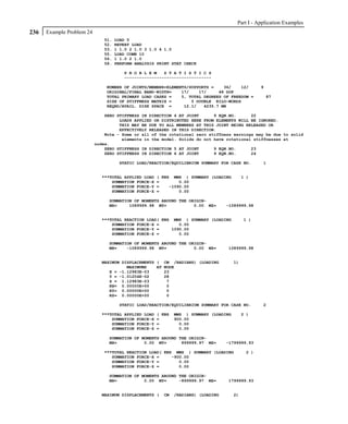 Part I - Application Examples
236   Example Problem 24
                              51.   LOAD 5
                              52.   REPEAT LOAD
                              53.   1 1.0 2 1.0 3 1.0 4 1.0
                              55.   LOAD COMB 10
                              56.   1 1.0 2 1.0
                              58.   PERFORM ANALYSIS PRINT STAT CHECK

                                       P R O B L E M   S T A T I S T I C S
                                       -----------------------------------

                               NUMBER OF JOINTS/MEMBER+ELEMENTS/SUPPORTS =    36/    12/          9
                               ORIGINAL/FINAL BAND-WIDTH=    17/    17/     48 DOF
                               TOTAL PRIMARY LOAD CASES =    5, TOTAL DEGREES OF FREEDOM =            87
                               SIZE OF STIFFNESS MATRIX =        5 DOUBLE KILO-WORDS
                               REQRD/AVAIL. DISK SPACE =      12.1/   4235.7 MB

                               ZERO STIFFNESS IN DIRECTION 4 AT JOINT      9 EQN.NO.      22
                                     LOADS APPLIED OR DISTRIBUTED HERE FROM ELEMENTS WILL BE IGNORED.
                                     THIS MAY BE DUE TO ALL MEMBERS AT THIS JOINT BEING RELEASED OR
                                     EFFECTIVELY RELEASED IN THIS DIRECTION.
                               Note - Some or all of the rotational zero stiffness warnings may be due to solid
                                      elements in the model. Solids do not have rotational stiffnesses at
                           nodes.
                               ZERO STIFFNESS IN DIRECTION 5 AT JOINT      9 EQN.NO.      23
                               ZERO STIFFNESS IN DIRECTION 6 AT JOINT      9 EQN.NO.      24

                                     STATIC LOAD/REACTION/EQUILIBRIUM SUMMARY FOR CASE NO.        1


                             ***TOTAL APPLIED LOAD   ( KNS MMS ) SUMMARY (LOADING          1 )
                                 SUMMATION FORCE-X   =        0.00
                                 SUMMATION FORCE-Y   =    -1090.00
                                 SUMMATION FORCE-Z   =        0.00

                                SUMMATION OF MOMENTS AROUND THE ORIGIN-
                                MX=     1089999.98 MY=            0.00 MZ=        -1089999.98


                             ***TOTAL REACTION LOAD( KNS MMS ) SUMMARY (LOADING            1 )
                                 SUMMATION FORCE-X =       0.00
                                 SUMMATION FORCE-Y =    1090.00
                                 SUMMATION FORCE-Z =       0.00

                                SUMMATION OF MOMENTS AROUND THE ORIGIN-
                                MX=    -1089999.98 MY=            0.00 MZ=        1089999.98


                             MAXIMUM DISPLACEMENTS (    CM /RADIANS) (LOADING         1)
                                       MAXIMUMS    AT   NODE
                                X = -1.12983E-03        23
                                Y = -1.01204E-02        28
                                Z = 1.12983E-03          7
                                RX= 0.00000E+00          0
                                RY= 0.00000E+00          0
                                RZ= 0.00000E+00          0

                                     STATIC LOAD/REACTION/EQUILIBRIUM SUMMARY FOR CASE NO.        2

                             ***TOTAL APPLIED LOAD   ( KNS   MMS ) SUMMARY (LOADING        2 )
                                 SUMMATION FORCE-X   =       900.00
                                 SUMMATION FORCE-Y   =         0.00
                                 SUMMATION FORCE-Z   =         0.00

                                SUMMATION OF MOMENTS AROUND THE ORIGIN-
                                MX=           0.00 MY=       899999.97 MZ=        -1799999.93

                              ***TOTAL REACTION LOAD( KNS MMS ) SUMMARY (LOADING            2 )
                                 SUMMATION FORCE-X =     -900.00
                                 SUMMATION FORCE-Y =        0.00
                                 SUMMATION FORCE-Z =        0.00

                                SUMMATION OF MOMENTS AROUND THE ORIGIN-
                                MX=           0.00 MY=      -899999.97 MZ=        1799999.93


                             MAXIMUM DISPLACEMENTS (    CM   /RADIANS) (LOADING       2)
 