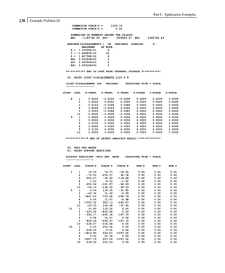Part I - Application Examples
238   Example Problem 24
                                   SUMMATION FORCE-Y =     1185.76
                                   SUMMATION FORCE-Z =        0.00

                               SUMMATION OF MOMENTS AROUND THE ORIGIN-
                               MX=    -1185760.50 MY=      -899999.97 MZ=           2985760.43

                             MAXIMUM DISPLACEMENTS ( CM /RADIANS) (LOADING            5)
                                      MAXIMUMS    AT NODE
                               X = 1.10000E-01        9
                               Y = -1.66887E-02      12
                               Z = 1.62734E-02        4
                               RX= 0.00000E+00        0
                               RY= 0.00000E+00        0
                               RZ= 0.00000E+00        0

                            ************ END OF DATA FROM INTERNAL STORAGE ************

                             60. PRINT JOINT DISPLACEMENTS LIST 8 9

                            JOINT DISPLACEMENT (CM       RADIANS)    STRUCTURE TYPE = SPACE
                            ------------------

                           JOINT   LOAD   X-TRANS    Y-TRANS   Z-TRANS    X-ROTAN   Y-ROTAN      Z-ROTAN

                               8      1     0.0000   -0.0010    -0.0008    0.0000     0.0000      0.0000
                                      2     0.0200    0.0001     0.0000    0.0000     0.0000      0.0000
                                      3     0.0193   -0.0049     0.0089    0.0000     0.0000      0.0000
                                      4     0.0000   -0.0003     0.0000    0.0000     0.0000      0.0000
                                      5     0.0393   -0.0062     0.0081    0.0000     0.0000      0.0000
                                     10     0.0200   -0.0009    -0.0009    0.0000     0.0000      0.0000
                               9      1     0.0000    0.0000     0.0000    0.0000     0.0000      0.0000
                                      2     0.0000    0.0000     0.0000    0.0000     0.0000      0.0000
                                      3     0.1100    0.0000     0.0000    0.0000     0.0000      0.0000
                                      4     0.0000    0.0000     0.0000    0.0000     0.0000      0.0000
                                      5     0.1100    0.0000     0.0000    0.0000     0.0000      0.0000
                                     10     0.0000    0.0000     0.0000    0.0000     0.0000      0.0000

                            ************** END OF LATEST ANALYSIS RESULT **************


                             62. UNIT KNS METER
                             63. PRINT SUPPORT REACTIONS

                            SUPPORT REACTIONS -UNIT KNS     METE     STRUCTURE TYPE = SPACE
                            -----------------

                           JOINT   LOAD   FORCE-X    FORCE-Y   FORCE-Z     MOM-X      MOM-Y       MOM Z

                               1      1      16.05     74.37     -16.05     0.00       0.00        0.00
                                      2     -72.24   -232.67      42.18     0.00       0.00        0.00
                                      3    -202.27    -30.20    -119.24     0.00       0.00        0.00
                                      4       1.52      6.63      -1.52     0.00       0.00        0.00
                                      5    -256.94   -181.87     -94.63     0.00       0.00        0.00
                                     10     -56.19   -158.30      26.13     0.00       0.00        0.00
                               5      1       0.00    135.25     -31.85     0.00       0.00        0.00
                                      2     -62.32     11.42      -0.05     0.00       0.00        0.00
                                      3   -1641.00    743.48    -228.79     0.00       0.00        0.00
                                      4       0.00     11.97      -2.98     0.00       0.00        0.00
                                      5   -1703.32    902.13    -263.67     0.00       0.00        0.00
                                     10     -62.32    146.68     -31.90     0.00       0.00        0.00
                              21      1      31.85    135.25       0.00     0.00       0.00        0.00
                                      2    -159.92   -450.84       0.00     0.00       0.00        0.00
                                      3    -334.17   -292.36    -187.70     0.00       0.00        0.00
                                      4       2.98     11.97       0.00     0.00       0.00        0.00
                                      5    -459.26   -595.97    -187.70     0.00       0.00        0.00
                                     10    -128.07   -315.58       0.00     0.00       0.00        0.00
                              25      1       0.00    251.52       0.00     0.00       0.00        0.00
                                      2    -138.00      9.51       0.00     0.00       0.00        0.00
                                      3   -1919.80    524.87   -1097.52     0.00       0.00        0.00
                                      4       0.00     21.34       0.00     0.00       0.00        0.00
                                      5   -2057.79    807.24   -1097.52     0.00       0.00        0.00
                                     10    -138.00    261.03       0.00     0.00       0.00        0.00
 