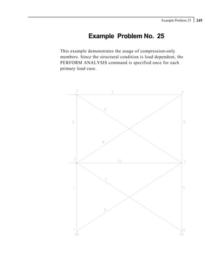 Example Problem 25   245



              Example Problem No. 25

This example demonstrates the usage of compression-only
members. Since the structural condition is load dependent, the
PERFORM ANALYSIS command is specified once for each
primary load case.
 