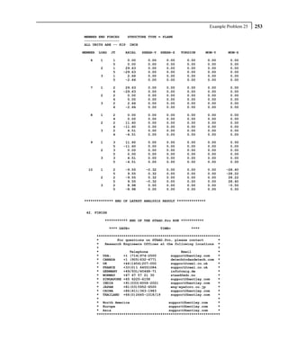 Example Problem 25   253
MEMBER END FORCES   STRUCTURE TYPE = PLANE
-----------------
ALL UNITS ARE -- KIP INCH

MEMBER   LOAD   JT     AXIAL   SHEAR-Y   SHEAR-Z   TORSION       MOM-Y    MOM-Z

   6      1      1      0.00      0.00     0.00      0.00        0.00      0.00
                 5      0.00      0.00     0.00      0.00        0.00      0.00
          2      1     29.63      0.00     0.00      0.00        0.00      0.00
                 5    -29.63      0.00     0.00      0.00        0.00      0.00
          3      1      2.66      0.00     0.00      0.00        0.00      0.00
                 5     -2.66      0.00     0.00      0.00        0.00      0.00

   7      1      2     29.63      0.00     0.00      0.00        0.00      0.00
                 6    -29.63      0.00     0.00      0.00        0.00      0.00
          2      2      0.00      0.00     0.00      0.00        0.00      0.00
                 6      0.00      0.00     0.00      0.00        0.00      0.00
          3      2      2.66      0.00     0.00      0.00        0.00      0.00
                 6     -2.66      0.00     0.00      0.00        0.00      0.00

   8      1      2      0.00      0.00     0.00      0.00        0.00      0.00
                 4      0.00      0.00     0.00      0.00        0.00      0.00
          2      2     11.60      0.00     0.00      0.00        0.00      0.00
                 4    -11.60      0.00     0.00      0.00        0.00      0.00
          3      2      4.51      0.00     0.00      0.00        0.00      0.00
                 4     -4.51      0.00     0.00      0.00        0.00      0.00

   9      1      3     11.60      0.00     0.00      0.00        0.00      0.00
                 5    -11.60      0.00     0.00      0.00        0.00      0.00
          2      3      0.00      0.00     0.00      0.00        0.00      0.00
                 5      0.00      0.00     0.00      0.00        0.00      0.00
          3      3      4.51      0.00     0.00      0.00        0.00      0.00
                 5     -4.51      0.00     0.00      0.00        0.00      0.00

  10      1      2     -9.55     -0.32     0.00      0.00        0.00    -28.60
                 5      9.55      0.32     0.00      0.00        0.00    -28.22
          2      2     -9.55      0.32     0.00      0.00        0.00     28.22
                 5      9.55     -0.32     0.00      0.00        0.00     28.60
          3      2      8.98      0.00     0.00      0.00        0.00     -0.50
                 5     -8.98      0.00     0.00      0.00        0.00      0.50


************** END OF LATEST ANALYSIS RESULT **************


 42. FINISH

              *********** END OF THE STAAD.Pro RUN ***********

                **** DATE=               TIME=         ****

         ************************************************************
         *         For questions on STAAD.Pro, please contact       *
         *   Research Engineers Offices at the following locations *
         *                                                          *
         *               Telephone                Email             *
         * USA:       +1 (714)974-2500       support@bentley.com    *
         * CANADA     +1 (905)632-4771       detech@odandetech.com *
         * UK         +44(1454)207-000       support@reel.co.uk     *
         * FRANCE     +33(0)1 64551084       support@reel.co.uk     *
         * GERMANY    +49/931/40468-71       info@reig.de           *
         * NORWAY     +47 67 57 21 30        staad@edr.no           *
         * SINGAPORE +65 6225-6158           support@bentley.com    *
         * INDIA      +91(033)4006-2021      support@bentley.com    *
         * JAPAN      +81(03)5952-6500       eng-eye@crc.co.jp      *
         * CHINA      +86(411)363-1983       support@bentley.com    *
         * THAILAND +66(0)2645-1018/19       support@bentley.com    *
         *                                                          *
         * North America                    support@bentley.com     *
         * Europe                           support@bentley.com     *
         * Asia                             support@bentley.com     *
         ************************************************************
 