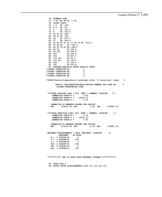 Example Problem 27   273
  72. ELEMENT LOAD
  73. 1 TO 102 PR GY -1.50
  74. JOINT LOADS
  75. 1 2   FY -100.
  76. 8 9   FY -50.
  77. 5     FY -150.7
  78. 6     FY -310.4
  79. 22 23 FY -205.
  80. 29 30 FY -102.
  81. 26    FY -271.7
  82. 27    FY -542.4
  83. 43 44 50 51 71 72 78 79 FY -153.5
  84. 47 54 82    FY -132.2
  85. 48 55 76 83 FY -264.3
  86. 92 93       FY 102.0
  87. 99 100      FY 205.0
  88. 103         FY 243.0
  89. 104         FY 487.0
  90. 113 114     FY 54.0
  91. 120 121     FY 108.0
  92. 124         FY 136.3
  93. 125         FY 273.6
  95. PERFORM ANALYSIS PRINT STATICS CHECK
**START ITERATION NO.           2
**START ITERATION NO.           3
**START ITERATION NO.           4
**START ITERATION NO.           5

**NOTE-Tension/Compression converged after   5 iterations, Case=       3

       STATIC LOAD/REACTION/EQUILIBRIUM SUMMARY FOR CASE NO.           3
       'COLUMN OVERTURNING LOAD'


***TOTAL APPLIED LOAD   ( KIP FEET ) SUMMARY (LOADING        3 )
    SUMMATION FORCE-X   =        0.00
    SUMMATION FORCE-Y   =   -10533.10
    SUMMATION FORCE-Z   =        0.00

   SUMMATION OF MOMENTS AROUND THE ORIGIN-
   MX=      213519.36 MY=            0.00 MZ=       -478687.78


***TOTAL REACTION LOAD( KIP FEET ) SUMMARY (LOADING          3 )
    SUMMATION FORCE-X =        0.00
    SUMMATION FORCE-Y =    10533.10
    SUMMATION FORCE-Z =        0.00

   SUMMATION OF MOMENTS AROUND THE ORIGIN-
   MX=     -213519.36 MY=            0.00 MZ=         478687.78


MAXIMUM DISPLACEMENTS ( INCH /RADIANS) (LOADING         3)
          MAXIMUMS    AT NODE
   X = 0.00000E+00        0
   Y = 2.83669E+01      120
   Z = 0.00000E+00        0
   RX= -1.22268E-01     120
   RY= 0.00000E+00        0
   RZ= 1.09786E-01      125



************ END OF DATA FROM INTERNAL STORAGE ************


 97. LOAD LIST 3
 98. PRINT JOINT DISPLACEMENTS LIST 113 114 120 121
 
