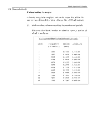 Part I - Application Examples
292   Example Problem 28

                           Understanding the output:

                           After the analysis is complete, look at the output file. (This file
                           can be viewed from File - View - Output File - STAAD output).

                           (i)   Mode number and corresponding frequencies and periods

                                 Since we asked for 65 modes, we obtain a report, a portion of
                                 which is as shown:

                                         CALCULATED FREQUENCIES FOR LOAD CASE 1


                                       MODE         FREQUENCY        PERIOD      ACCURACY
                                                   (CYCLES/SEC)       (SEC)


                                        1             1.636          0.61111     1.344E-16
                                        2             2.602          0.38433     0.000E+00
                                        3             2.882          0.34695     8.666E-16
                                        4             3.754          0.26636     0.000E+00
                                        5             4.076          0.24532     3.466E-16
                                        6             4.373          0.22870     6.025E-16
                                        7             4.519          0.22130     5.641E-16
                                        8             4.683          0.21355     5.253E-16
                                        9             5.028          0.19889     0.000E+00
                                        10            7.189          0.13911     8.916E-16
                                        11            7.238          0.13815     0.000E+00
                                        12            7.363          0.13582     0.000E+00
 