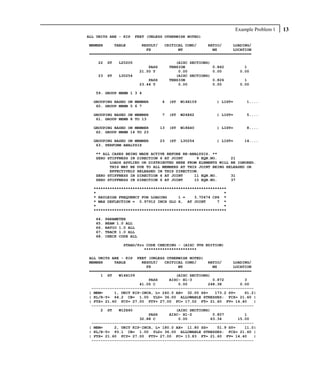 Example Problem 1   13
ALL UNITS ARE - KIP    FEET (UNLESS OTHERWISE NOTED)

MEMBER     TABLE       RESULT/   CRITICAL COND/     RATIO/     LOADING/
                         FX            MY             MZ       LOCATION
=======================================================================

    22   ST   L20205                         (AISC SECTIONS)
                              PASS        TENSION            0.862         1
                          21.50 T             0.00           0.00        0.00
    23   ST   L30254                         (AISC SECTIONS)
                              PASS        TENSION            0.826         1
                          23.44 T             0.00           0.00        0.00

   59. GROUP MEMB 1 3 4

  GROUPING BASED ON MEMBER           4    (ST   W14X109       ) LIST=       1....
   60. GROUP MEMB 5 6 7

  GROUPING BASED ON MEMBER           7    (ST   W24X62        ) LIST=       5....
   61. GROUP MEMB 8 TO 13

  GROUPING BASED ON MEMBER           13   (ST   W18X40        ) LIST=       8....
   62. GROUP MEMB 14 TO 23

  GROUPING BASED ON MEMBER           23   (ST   L30254        ) LIST=      14....
   63. PERFORM ANALYSIS

   ** ALL CASES BEING MADE ACTIVE BEFORE RE-ANALYSIS. **
   ZERO STIFFNESS IN DIRECTION 6 AT JOINT      9 EQN.NO.      21
         LOADS APPLIED OR DISTRIBUTED HERE FROM ELEMENTS WILL BE IGNORED.
         THIS MAY BE DUE TO ALL MEMBERS AT THIS JOINT BEING RELEASED OR
         EFFECTIVELY RELEASED IN THIS DIRECTION.
   ZERO STIFFNESS IN DIRECTION 6 AT JOINT     11 EQN.NO.      31
   ZERO STIFFNESS IN DIRECTION 6 AT JOINT     10 EQN.NO.      37

  **********************************************************
  *                                                        *
  * RAYLEIGH FREQUENCY FOR LOADING     1 =    3.70474 CPS *
  * MAX DEFLECTION = 0.97912 INCH GLO X, AT JOINT       7 *
  *                                                        *
  **********************************************************

   64.   PARAMETER
   65.   BEAM 1.0 ALL
   66.   RATIO 1.0 ALL
   67.   TRACK 1.0 ALL
   68.   CHECK CODE ALL

                STAAD/Pro CODE CHECKING - (AISC 9TH EDITION)
                         ***********************

ALL UNITS ARE - KIP  FEET (UNLESS OTHERWISE NOTED)
MEMBER     TABLE       RESULT/   CRITICAL COND/     RATIO/     LOADING/
                         FX            MY             MZ       LOCATION
=======================================================================
     1 ST    W14X109                  (AISC SECTIONS)
                          PASS     AISC- H1-3         0.872         3
                      41.05 C          0.00         248.38        0.00
 -----------------------------------------------------------------------
| MEM=     1, UNIT KIP-INCH, L= 240.0 AX= 32.00 SZ=    173.2 SY=    61.2|
| KL/R-Y= 64.2 CB= 1.00 YLD= 36.00 ALLOWABLE STRESSES: FCZ= 21.60 |
| FTZ= 21.60 FCY= 27.00 FTY= 27.00 FC= 17.02 FT= 21.60 FV= 14.40        |
 -----------------------------------------------------------------------
     2 ST    W12X40                   (AISC SECTIONS)
                          PASS     AISC- H1-2         0.807         1
                      32.88 C          0.00          63.34       15.00
 -----------------------------------------------------------------------
| MEM=     2, UNIT KIP-INCH, L= 180.0 AX= 11.80 SZ=     51.9 SY=    11.0|
| KL/R-Y= 93.1 CB= 1.00 YLD= 36.00 ALLOWABLE STRESSES: FCZ= 21.60 |
| FTZ= 21.60 FCY= 27.00 FTY= 27.00 FC= 13.83 FT= 21.60 FV= 14.40        |
 -----------------------------------------------------------------------
 