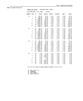 Part I - Application Examples
316   Example Problem 29
                           MEMBER END FORCES   STRUCTURE TYPE = SPACE
                           -----------------
                           ALL UNITS ARE -- KGS METE     (LOCAL )

                           MEMBER   LOAD   JT    AXIAL    SHEAR-Y   SHEAR-Z   TORSION     MOM-Y       MOM-Z

                             26     1       7    345.72     32.43    -0.01      0.00      -0.02       22.55
                                           19   -296.66     22.40     0.01      0.00       0.05       -9.76
                                    2       7   4895.46     49.66    -0.66      0.10      -0.79      142.48
                                           19 -4895.46     -49.66     0.66     -0.10       2.47      -15.87
                                    3       7 14281.34    -366.12     0.00      0.00       0.00      -38.95
                                           19 -14281.34    366.12     0.00      0.00       0.00     -895.05
                                    11      7 19522.52    -284.03    -0.67      0.10      -0.81      126.08
                                           19 -19473.46    338.87     0.67     -0.10       2.52     -920.68
                                    12      7 -9040.17     448.22    -0.67      0.10      -0.81      203.97
                                           19   9089.23   -393.38     0.67     -0.10       2.52      869.42

                             27     1      11    358.27     30.18    -0.01      0.00      -0.02       21.02
                                           20   -309.21     21.77     0.01      0.00       0.05      -10.61
                                    2      11   5067.33     36.95    -0.69      0.10      -0.86      133.43
                                           20 -5067.33     -36.95     0.69     -0.10       2.58      -41.94
                                    3      11 -14349.94    376.57     0.00      0.00       0.00       35.76
                                           20 14349.94    -376.57     0.00      0.00       0.00      896.93
                                    11     11 -8924.33     443.70    -0.71      0.10      -0.88      190.21
                                           20   8973.40   -391.75     0.71     -0.10       2.62      844.38
                                    12     11 19775.54    -309.44    -0.71      0.10      -0.88      118.68
                                           20 -19726.48    361.39     0.71     -0.10       2.62     -949.48

                             28     1      15    345.72     32.43     0.01      0.00       0.02       22.55
                                           22   -296.66     22.40    -0.01      0.00      -0.05       -9.76
                                    2      15   4895.46     49.66     0.66     -0.10       0.79      142.48
                                           22 -4895.46     -49.66    -0.66      0.10      -2.47      -15.87
                                    3      15 14281.34    -366.12     0.00      0.00       0.00      -38.95
                                           22 -14281.34    366.12     0.00      0.00       0.00     -895.05
                                    11     15 19522.52    -284.03     0.67     -0.10       0.81      126.08
                                           22 -19473.46    338.87    -0.67      0.10      -2.52     -920.68
                                    12     15 -9040.17     448.22     0.67     -0.10       0.81      203.97
                                           22   9089.23   -393.38    -0.67      0.10      -2.52      869.42

                             29     1      18     0.00      25.39     0.00      0.00       0.00        0.06
                                           21     0.00      25.39     0.00      0.00       0.00       -0.06
                                    2      18    -0.02    1125.00     0.00      0.00       0.00        3.40
                                           21     0.02    1125.00     0.00      0.00       0.00       -3.40
                                    3      18     0.00       0.00     0.00      0.00       0.00        0.00
                                           21     0.00       0.00     0.00      0.00       0.00        0.00
                                    11     18    -0.02    1150.39     0.00      0.00       0.00        3.46
                                           21     0.02    1150.39     0.00      0.00       0.00       -3.46
                                    12     18    -0.02    1150.39     0.00      0.00       0.00        3.46
                                           21     0.02    1150.39     0.00      0.00       0.00       -3.46


                           ************** END OF LATEST ANALYSIS RESULT **************


                            89.   LOAD LIST 11 12
                            90.   PARAMETER
                            91.   CODE CANADA
                            92.   CHECK CODE ALL
 