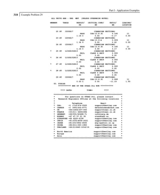 Part I - Application Examples
318   Example Problem 29
                           ALL UNITS ARE - KNS     MET   (UNLESS OTHERWISE NOTED)

                           MEMBER     TABLE       RESULT/   CRITICAL COND/     RATIO/     LOADING/
                                                    FX            MY             MZ       LOCATION
                           =======================================================================

                                 22 ST   C200X17                   (CANADIAN   SECTIONS)
                                                      PASS      CSA-13.8.3C          0.145          11
                                                   1.16 C           0.00            -3.17          0.00
                                 23 ST   C200X17                   (CANADIAN   SECTIONS)
                                                      PASS      CSA-13.9.A           0.009          11
                                                   1.34 T           0.00             0.22          0.00
                                 24 ST   C200X17                   (CANADIAN   SECTIONS)
                                                      PASS      CSA-13.8.3C          0.145          11
                                                   1.16 C           0.00             3.17          0.00
                           *     25 ST   L152X152X13               (CANADIAN   SECTIONS)
                                                      FAIL      CLASS 4 SECT         2.000
                                                   0.00             0.00             0.00
                           *     26 ST   L152X152X13               (CANADIAN   SECTIONS)
                                                      FAIL      CLASS 4 SECT         2.000
                                                   0.00             0.00             0.00
                           *     27 ST   L152X152X13               (CANADIAN   SECTIONS)
                                                      FAIL      CLASS 4 SECT         2.000
                                                   0.00             0.00             0.00
                           *     28 ST   L152X152X13               (CANADIAN   SECTIONS)
                                                      FAIL      CLASS 4 SECT         2.000
                                                   0.00             0.00             0.00
                                 29 ST   C200X17                   (CANADIAN   SECTIONS)
                                                      PASS      CSA-13.8.3C          0.499          11
                                                   0.00 C           0.00           -11.19          1.50
                               93. FINISH
                                   *********** END OF THE STAAD.Pro RUN ***********

                                    **** DATE=               TIME=          ****

                               ************************************************************
                               *         For questions on STAAD.Pro, please contact       *
                               *   Research Engineers Offices at the following locations *
                               *                                                          *
                               *               Telephone                Email             *
                               * USA:       +1 (714)974-2500       support@bentley.com    *
                               * CANADA     +1 (905)632-4771       detech@odandetech.com *
                               * UK         +44(1454)207-000       support@reel.co.uk     *
                               * FRANCE     +33(0)1 64551084       support@reel.co.uk     *
                               * GERMANY    +49/931/40468-71       info@reig.de           *
                               * NORWAY     +47 67 57 21 30        staad@edr.no           *
                               * SINGAPORE +65 6225-6158           support@bentley.com    *
                               * INDIA      +91(033)4006-2021      support@bentley.com    *
                               * JAPAN      +81(03)5952-6500       eng-eye@crc.co.jp      *
                               * CHINA      +86(411)363-1983       support@bentley.com    *
                               * THAILAND +66(0)2645-1018/19       support@bentley.com    *
                               *                                                          *
                               * North America                    support@bentley.com     *
                               * Europe                           support@bentley.com     *
                               * Asia                             support@bentley.com     *
                               ************************************************************
 