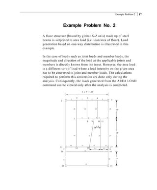 Example Problem 2   17



                 Example Problem No. 2

A floor structure (bound by global X-Z axis) made up of steel
beams is subjected to area load (i.e. load/area of floor). Load
generation based on one-way distribution is illustrated in this
example.

In the case of loads such as joint loads and member loads, the
magnitude and direction of the load at the applicable joints and
members is directly known from the input. However, the area load
is a different sort of load where a load intensity on the given area
has to be converted to joint and member loads. The calculations
required to perform this conversion are done only during the
analysis. Consequently, the loads generated from the AREA LOAD
command can be viewed only after the analysis is completed.

                                     4 x 5' = 20'


                       1
                                2    2
                                                3        3
                                                                       4        4
             1                                                                                        5



                           20             22                      24                             28
                                                                                                          10'


                                     5          6                  7       8                9
                           7
                                                8        9             10 11

                                                                   3.5'


                                                                                                          15'
                           19                       21                     23                    27




                      10             11                      12                        13
            13                  14              15            5.5'                  3.5'
                                                                                                     17
                 17                                                                              26
                                          14
             18                                                                                  19


                 16
                                                                                                25        7'

                                           15
              20                                                                                     21
 