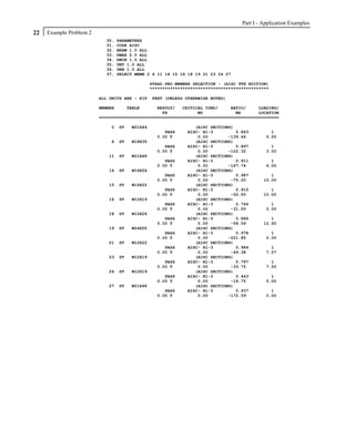 Part I - Application Examples
22   Example Problem 2
                           30.    PARAMETERS
                           31.    CODE AISC
                           32.    BEAM 1.0 ALL
                           33.    DMAX 2.0 ALL
                           34.    DMIN 1.0 ALL
                           35.    UNT 1.0 ALL
                           36.    UNB 1.0 ALL
                           37.    SELECT MEMB 2 6 11 14 15 16 18 19 21 23 24 27

                                                 STAAD.PRO MEMBER SELECTION - (AISC 9TH EDITION)
                                                 ***********************************************

                         ALL UNITS ARE - KIP     FEET (UNLESS OTHERWISE NOTED)

                         MEMBER        TABLE    RESULT/   CRITICAL COND/     RATIO/     LOADING/
                                                  FX            MY             MZ       LOCATION
                         =======================================================================

                             2    ST    W21X44                    (AISC SECTIONS)
                                                      PASS     AISC- H1-3         0.863          1
                                                   0.00 T          0.00        -139.46         0.00
                             6    ST    W18X35                    (AISC SECTIONS)
                                                      PASS     AISC- H1-3         0.897          1
                                                   0.00 T          0.00        -102.32         3.00
                            11    ST    W21X48                    (AISC SECTIONS)
                                                      PASS     AISC- H1-3         0.911          1
                                                   0.00 T          0.00        -167.74         6.00
                            14    ST    W16X26                    (AISC SECTIONS)
                                                      PASS     AISC- H1-3         0.987          1
                                                   0.00 T          0.00         -75.00        10.00
                            15    ST    W14X22                    (AISC SECTIONS)
                                                      PASS     AISC- H1-3         0.915          1
                                                   0.00 T          0.00         -52.50        10.00
                            16    ST    W12X19                    (AISC SECTIONS)
                                                      PASS     AISC- H1-3         0.744          1
                                                   0.00 T          0.00         -31.50         0.00
                            18    ST    W12X26                    (AISC SECTIONS)
                                                      PASS     AISC- H1-3         0.886          1
                                                   0.00 T          0.00         -58.59        12.50
                            19    ST    W24X55                    (AISC SECTIONS)
                                                      PASS     AISC- H1-3         0.978          1
                                                   0.00 T          0.00        -221.85         0.00
                            21    ST    W12X22                    (AISC SECTIONS)
                                                      PASS     AISC- H1-3         0.984          1
                                                   0.00 T          0.00         -49.38         7.57
                            23    ST    W12X19                    (AISC SECTIONS)
                                                      PASS     AISC- H1-3         0.797          1
                                                   0.00 T          0.00         -33.75         7.50
                            24    ST    W12X19                    (AISC SECTIONS)
                                                      PASS     AISC- H1-3         0.443          1
                                                   0.00 T          0.00         -18.75         5.00
                            27    ST    W21X48                    (AISC SECTIONS)
                                                      PASS     AISC- H1-3         0.937          1
                                                   0.00 T          0.00        -172.59         0.00
 