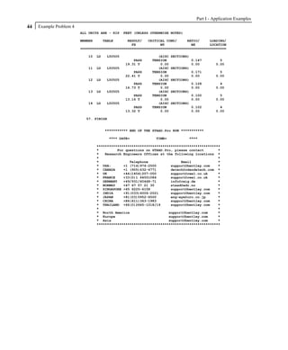 Part I - Application Examples
44   Example Problem 4
                         ALL UNITS ARE - KIP    FEET (UNLESS OTHERWISE NOTED)

                         MEMBER     TABLE       RESULT/   CRITICAL COND/     RATIO/     LOADING/
                                                  FX            MY             MZ       LOCATION
                         =======================================================================

                            10    LD   L50505                   (AISC   SECTIONS)
                                                    PASS     TENSION                0.147         5
                                                19.31 T          0.00               0.00        0.00
                            11    LD   L50505                   (AISC   SECTIONS)
                                                    PASS     TENSION                0.171         5
                                                22.41 T          0.00               0.00        0.00
                            12    LD   L50505                   (AISC   SECTIONS)
                                                    PASS     TENSION                0.128         4
                                                16.73 T          0.00               0.00        0.00
                            13    LD   L50505                   (AISC   SECTIONS)
                                                    PASS     TENSION                0.100         5
                                                13.16 T          0.00               0.00        0.00
                            14    LD   L50505                   (AISC   SECTIONS)
                                                    PASS     TENSION                0.102         4
                                                13.32 T          0.00               0.00        0.00

                           57. FINISH


                                       *********** END OF THE STAAD.Pro RUN ***********

                                        **** DATE=             TIME=            ****

                                  ************************************************************
                                  *         For questions on STAAD.Pro, please contact       *
                                  *   Research Engineers Offices at the following locations *
                                  *                                                          *
                                  *               Telephone                Email             *
                                  * USA:       +1 (714)974-2500       support@bentley.com    *
                                  * CANADA     +1 (905)632-4771       detech@odandetech.com *
                                  * UK         +44(1454)207-000       support@reel.co.uk     *
                                  * FRANCE     +33(0)1 64551084       support@reel.co.uk     *
                                  * GERMANY    +49/931/40468-71       info@reig.de           *
                                  * NORWAY     +47 67 57 21 30        staad@edr.no           *
                                  * SINGAPORE +65 6225-6158           support@bentley.com    *
                                  * INDIA      +91(033)4006-2021      support@bentley.com    *
                                  * JAPAN      +81(03)5952-6500       eng-eye@crc.co.jp      *
                                  * CHINA      +86(411)363-1983       support@bentley.com    *
                                  * THAILAND +66(0)2645-1018/19       support@bentley.com    *
                                  *                                                          *
                                  * North America                    support@bentley.com     *
                                  * Europe                           support@bentley.com     *
                                  * Asia                             support@bentley.com     *
                                  ************************************************************
 