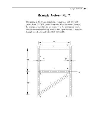 Example Problem 7   59



              Example Problem No. 7

This example illustrates modelling of structures with OFFSET
connections. OFFSET connections arise when the center lines of
the connected members do not intersect at the connection point.
The connection eccentricity behaves as a rigid link and is modeled
through specification of MEMBER OFFSETS.




                                20'
                5               6                  6




                3                                  4

 15'                7"                        7"



                                 5                 4

                                                                   6"
                3



 15'            1           7

                                                          2




                1                              2
 