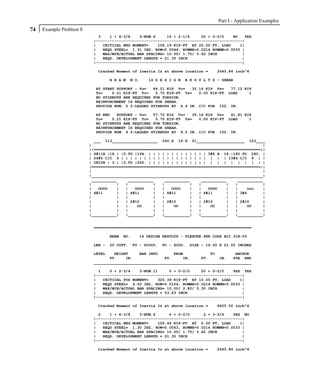 Part I - Application Examples
74   Example Problem 8
                            3    1 + 6-3/8    3-NUM.6     15 + 2-1/4     20 + 0-0/0    NO   YES
                          |----------------------------------------------------------------|
                          |   CRITICAL NEG MOMENT=    106.19 KIP-FT AT 20.00 FT, LOAD     1|
                          |   REQD STEEL= 1.31 IN2, ROW=0.0044, ROWMX=0.0214 ROWMN=0.0033 |
                          |   MAX/MIN/ACTUAL BAR SPACING= 10.00/ 1.75/ 5.62 INCH           |
                          |   REQD. DEVELOPMENT LENGTH = 21.35 INCH                        |
                          |----------------------------------------------------------------|

                            Cracked Moment of Inertia Iz at above location =         2640.84 inch^4

                                  B E A M    N O.    14 D E S I G N   R E S U L T S - SHEAR

                           AT START SUPPORT - Vu=   84.21 KIP Vc=   35.16 KIP Vs=   77.12 KIP
                           Tu=    0.21 KIP-FT Tc=    5.70 KIP-FT Ts=   0.00 KIP-FT LOAD     1
                           NO STIRRUPS ARE REQUIRED FOR TORSION.
                           REINFORCEMENT IS REQUIRED FOR SHEAR.
                           PROVIDE NUM. 5 2-LEGGED STIRRUPS AT 4.6 IN. C/C FOR 102. IN.

                           AT END   SUPPORT - Vu=   57.72 KIP Vc=   35.16 KIP Vs=   41.81 KIP
                           Tu=    0.21 KIP-FT Tc=    5.70 KIP-FT Ts=   0.00 KIP-FT LOAD     1
                           NO STIRRUPS ARE REQUIRED FOR TORSION.
                           REINFORCEMENT IS REQUIRED FOR SHEAR.
                           PROVIDE NUM. 4 2-LEGGED STIRRUPS AT 9.2 IN. C/C FOR 102. IN.

                           ___ 11J____________________ 240.X 16.X 21_____________________ 12J____
                         |                                                                           |
                         ||=========================================================================||
                         | 4#11H |18.| |0.TO |194. | | | | | | | | | | | | | 3#6 H 18.|182.TO 240. |
                         | 24#5 C/C 5 | | | | | | | | | | | | | | | | | | | | | | 13#4 C/C 9 | |
                         | 2#10H | 3.| |3.TO |240. | | | | | | | | | | | | | | | | | | | | | |
                         |==========================================================================||
                         |                                                                           |
                         |___________________________________________________________________________|
                          ___________     ___________     ___________     ___________     ___________
                         |           |   |           |   |           |   |           |   |           |
                         |   OOOO    |   |   OOOO    |   |   OOOO    |   |   OOOO    |   |    ooo    |
                         | 4#11      |   | 4#11      |   | 4#11      |   | 4#11      |   | 3#6       |
                         |           |   |           |   |           |   |           |   |           |
                         |           |   | 2#10      |   | 2#10      |   | 2#10      |   | 2#10      |
                         |           |   |    OO     |   |    OO     |   |    OO     |   |    OO     |
                         |           |   |           |   |           |   |           |   |           |
                         |___________|   |___________|   |___________|   |___________|   |___________|


                          =====================================================================

                                  BEAM   NO.     16 DESIGN RESULTS - FLEXURE PER CODE ACI 318-05

                          LEN -   20.00FT.     FY - 60000.   FC - 4000.   SIZE - 16.00 X 21.00 INCHES

                          LEVEL    HEIGHT     BAR INFO       FROM            TO         ANCHOR
                                 FT.    IN.              FT.     IN.     FT.     IN.   STA END
                          _____________________________________________________________________

                            1    0 + 2-3/4    3-NUM.11     0 + 0-0/0     20 + 0-0/0    YES YES
                          |----------------------------------------------------------------|
                          |   CRITICAL POS MOMENT=    320.39 KIP-FT AT 10.00 FT, LOAD     1|
                          |   REQD STEEL= 4.50 IN2, ROW=0.0154, ROWMX=0.0214 ROWMN=0.0033 |
                          |   MAX/MIN/ACTUAL BAR SPACING= 10.00/ 2.82/ 5.30 INCH           |
                          |   REQD. DEVELOPMENT LENGTH = 53.43 INCH                        |
                          |----------------------------------------------------------------|

                            Cracked Moment of Inertia Iz at above location =         6625.00 inch^4

                            2    1 + 6-3/8    3-NUM.6      0 + 0-0/0      2 + 3-3/4    YES NO
                          |----------------------------------------------------------------|
                          |   CRITICAL NEG MOMENT=    105.46 KIP-FT AT 0.00 FT, LOAD      1|
                          |   REQD STEEL= 1.30 IN2, ROW=0.0043, ROWMX=0.0214 ROWMN=0.0033 |
                          |   MAX/MIN/ACTUAL BAR SPACING= 10.00/ 1.75/ 5.62 INCH           |
                          |   REQD. DEVELOPMENT LENGTH = 21.35 INCH                        |
                          |----------------------------------------------------------------|

                            Cracked Moment of Inertia Iz at above location =         2640.84 inch^4
 