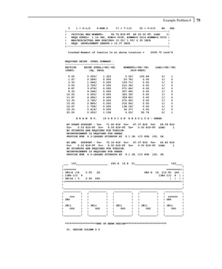 Example Problem 8   75
   3    1 + 6-1/2    6-NUM.4     17 + 7-1/2     20 + 0-0/0    NO   YES
 |----------------------------------------------------------------|
 |   CRITICAL NEG MOMENT=     92.76 KIP-FT AT 20.00 FT, LOAD     1|
 |   REQD STEEL= 1.14 IN2, ROW=0.0038, ROWMX=0.0214 ROWMN=0.0033 |
 |   MAX/MIN/ACTUAL BAR SPACING= 10.00/ 1.50/ 2.30 INCH           |
 |   REQD. DEVELOPMENT LENGTH = 12.37 INCH                        |
 |----------------------------------------------------------------|

   Cracked Moment of Inertia Iz at above location =        2438.75 inch^4


 REQUIRED REINF. STEEL SUMMARY :
 -------------------------------
 SECTION     REINF STEEL(+VE/-VE)      MOMENTS(+VE/-VE)      LOAD(+VE/-VE)
 (FEET)         (SQ. INCH)                 (KIP-FEET)

   0.00         0.000/     1.323        0.00/     105.46         0/     1
   1.67         0.289/     0.000       23.78/       0.00         1/     0
   3.33         1.644/     0.000      129.71/       0.00         1/     0
   5.00         2.793/     0.000      212.34/       0.00         1/     0
   6.67         3.679/     0.000      271.66/       0.00         1/     0
   8.33         4.248/     0.000      307.68/       0.00         1/     0
  10.00         4.455/     0.000      320.39/       0.00         1/     0
  11.67         4.282/     0.000      309.80/       0.00         1/     0
  13.33         3.745/     0.000      275.90/       0.00         1/     0
  15.00         2.885/     0.000      218.69/       0.00         1/     0
  16.67         1.758/     0.000      138.18/       0.00         1/     0
  18.33         0.419/     0.000       34.37/       0.00         1/     0
  20.00         0.000/     1.158        0.00/      92.76         0/     1

          B E A M   N O.   16 D E S I G N   R E S U L T S - SHEAR

  AT START SUPPORT - Vu=   71.60 KIP Vc=   67.37 KIP Vs=   28.09 KIP
  Tu=    0.03 KIP-FT Tc=    6.50 KIP-FT Ts=   0.00 KIP-FT LOAD     1
  NO STIRRUPS ARE REQUIRED FOR TORSION.
  REINFORCEMENT IS REQUIRED FOR SHEAR.
  PROVIDE NUM. 4 2-LEGGED STIRRUPS AT 9.1 IN. C/C FOR 102. IN.

  AT END   SUPPORT - Vu=   70.33 KIP Vc=   67.37 KIP Vs=   26.40 KIP
  Tu=    0.03 KIP-FT Tc=    6.50 KIP-FT Ts=   0.00 KIP-FT LOAD     1
  NO STIRRUPS ARE REQUIRED FOR TORSION.
  REINFORCEMENT IS REQUIRED FOR SHEAR.
  PROVIDE NUM. 4 2-LEGGED STIRRUPS AT 9.1 IN. C/C FOR 102. IN.


 ___ 15J____________________ 240.X 16.X 21_____________________ 16J____
|                                                                           |
||=======                                                         =========||
| 3#6|H |18.   0.TO   28.                           6#4 H 18. 212.TO 240. |
| 13#4 C/C 9                                                 13#4 C/C 9 | |
| 3#11H | 3.   0.TO 240.                                            | | | |
||=========================================================================||
|                                                                           |
|___________________________________________________________________________|
 ___________     ___________     ___________     ___________     ___________
|           |   |           |   |           |   |           |   |           |
|    ooo    |   |           |   |           |   |           |   | oooooo    |
| 3#6       |   |           |   |           |   |           |   | 6#4       |
|           |   |           |   |           |   |           |   |           |
| 3#11      |   | 3#11      |   | 3#11      |   | 3#11      |   | 3#11      |
|    OOO    |   |    OOO    |   |    OOO    |   |    OOO    |   |    OOO    |
|           |   |           |   |           |   |           |   |           |
|___________|   |___________|   |___________|   |___________|   |___________|


 ********************END OF BEAM DESIGN**************************

  51. DESIGN COLUMN 2 5
 
