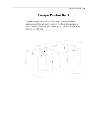 Example Problem 9   79



              Example Problem No. 9

The space frame structure in this example consists of frame
members and finite elements (plates). The finite element part is
used to model floor slabs and a shear wall. Concrete design of an
element is performed.
 