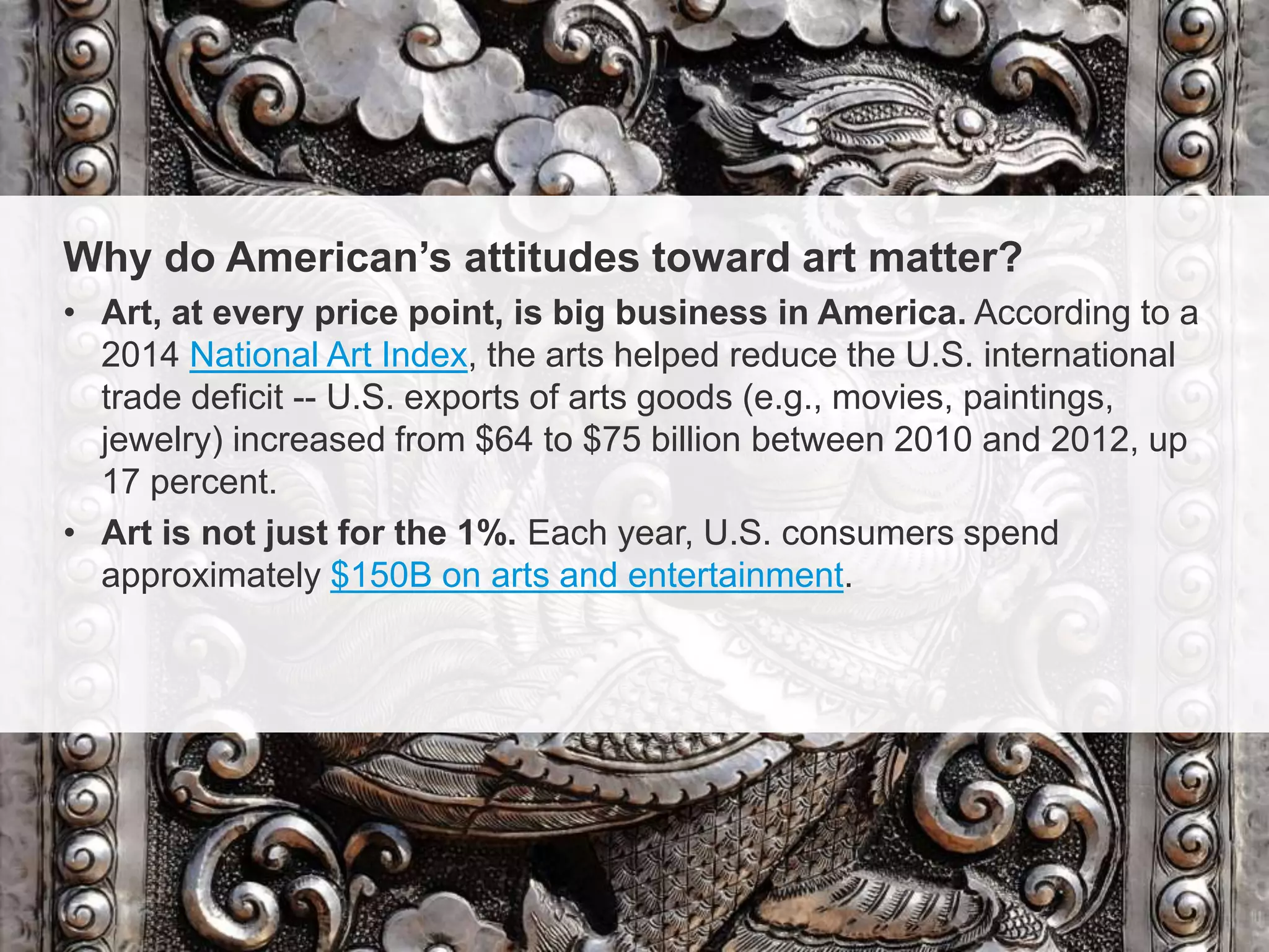 Confidential
Why do American’s attitudes toward art matter?
• Art, at every price point, is big business in America. According to a
2014 National Art Index, the arts helped reduce the U.S. international
trade deficit -- U.S. exports of arts goods (e.g., movies, paintings,
jewelry) increased from $64 to $75 billion between 2010 and 2012, up
17 percent.
• Art is not just for the 1%. Each year, U.S. consumers spend
approximately $150B on arts and entertainment.
 