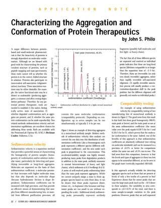 A major difference between protein-
based and small-molecule pharmaceuti-
cals is that the bioactivity of proteins is
strongly dependent on molecular confor-
mation. Although we are blessed with
good tools for characterizing the primary
covalent structure of proteins, such as
peptide mapping and mass spectrometry,
these tools cannot tell us whether the
protein is in the correct, folded structure
in solution. Proteins also participate in
noncovalent self-association (oligomeri-
zation) reactions. These association reac-
tions may be either desirable (for exam-
ple, the native functional state may be a
dimer) or undesirable (producing aggre-
gates, a common and often vexing degra-
dation pathway). Therefore, for any po-
tential protein therapeutic, tools are
needed to establish 1) the native, biolog-
ically active, state of association; 2)
whether degraded conformations such as aggre-
gates are present; and 3) whether the same pro-
tein conformation can be made reproducibly. Two
related methods, sedimentation velocity and sed-
imentation equilibrium, are excellent choices for
addressing these needs. Both are available with
the ProteomeLab Optima XL-A/XL-I (Beckman
Coulter, Fullerton, CA).
Sedimentation velocity
Sedimentation velocity is a separation method
that provides a powerful means of characterizing
the homogeneity of protein samples (homo-
geneity of conformation and/or solution molec-
ular mass), particularly for detecting and quan-
tifying irreversible or long-lived aggregates.
Molecules are separated on the basis of their
sedimentation coefficient, a molecular parame-
ter that increases with higher molecular mass,
but that also depends on molecular shape
(because hydrodynamic friction is shape de-
pendent). Sedimentation coefficients can be
measured with high precision, and thus provide
an efficient means of demonstrating that sam-
ples from different manufacturing lots, or mate-
rial from different purification processes, all
contain the same molecular conformation
(comparability protocols). Depending on con-
figuration, up to seven samples can be run
simultaneously, at typically 2–4 hr per run.
Figure 1 shows an example of detecting aggregates
in a monoclonal antibody sample. Modern meth-
ods of sedimentation velocity data analysis can
convert the raw data into this distribution of sedi-
mentation coefficients. Like a chromatogram, each
peak represents a different species (different sedi-
mentation coefficient), and the area under each
peak is proportional to the concentration. This
accelerated-stability sample was highly stressed,
producing many peaks from degradation products
in addition to the main peak, antibody monomer
(a normal heterotetramer of heavy and light
chains), which sediments at 6.4 Svedbergs (6.4 S).
A series of well-resolved peaks sedimenting faster
than the main peak represent aggregates. While
we cannot uniquely assign a mass to those ag-
gregate species based on only these data, it can
be shown that these peaks represent dimer,
trimer, etc., to heptamer (the hexamer and hep-
tamer peaks are too small to see without ex-
panding the scale). Additional slowly sediment-
ing peaks presumably represent antibody
fragments (possibly half-molecules and
free light- or heavy-chain).
The fact that all of these different species
are separated and resolved as individual
peaks indicates that these are long-lived
species (lifetimes comparable to or longer
than the separation time of ~2–3 hr).
Therefore, these are irreversible (or only
very slowly reversible) aggregates, rather
than rapidly reversible self-associated
oligomers. (A rapidly reversible associa-
tion process will usually produce a con-
centration-dependent shift in the peak
position, but the different oligomers will
generally not resolve as individual peaks.)
Comparability testing
An example of using sedimentation
velocity for comparability testing of two
manufacturing lots of monoclonal antibody is
shown in Figure 2. The good news from this result
is that both lots show good homogeneity (98.6%
main peak or better) and the main peak occurs at
the same sedimentation coefficient (the mean
value over the peak equals 6.339 S for lot 1 and
6.335 S for lot 2), which proves that the molecu-
lar conformation is the same. Indeed, one of the
benefits of this approach is that sedimentation
coefficients are absolutely calibrated (not relying
on molecular standards) and can be measured to a
precision of ±0.2% or better for comparisons
within the same run and ±0.5% run-to-run. The
bad news from this comparison, however, is that
the levels and types of aggregates in these two lots
appear to be somewhat different, as can be seen in
the graph inset (vertically expanded 100-fold).
Is this approach actually reliable for detecting
aggregate species such as those that are present at
levels of only a few tenths of a percent or less?
Experience shows that for minor peaks that are
near the large main peak (such as the ~10 S dimer
in these samples), the variability in area corre-
sponds to ±0.2–0.3% of the total, and there is
some sample-to-sample variation in the peak
positions. However, peaks that are well separated
22 / OCTOBER 2003 • AMERICAN BIOTECHNOLOGY LABORATORY
A P P L I C A T I O N N O T E
Characterizing the Aggregation and
Conformation of Protein Therapeutics
by John S. Philo
Figure 1 Sedimentation coefficient distribution for a highly stressed monoclonal
antibody sample.
 