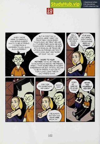 BUT MY FIRST DAY IN
SCHOOL HERB I MEET JIN
FROfV THEN I KNOW EVERY-
THtN6'5 OKAY. HE TREAT /VE LIKE
A LITTLE BROTHER, SHOW ME HOW
THIN6S WORK IN A/VERICA. HE HELP
WITH /VY ENGLISH. HE TEACH ME
HIP ENGLISH PHRASE LIKE 't?ONT
HAVE A COW, MAN" AND "WORD
OF YOUR-" NO, NO
"WORDTOyOUR
/y^0TH6R." HA HA. HE TAKE ME
TO Mc DONALD'S AND BUY fm FRENCH
FRES. r THINK SOMETIMES MY ACCENT
EMBAP^RASS HIM, BUT JIN STILL WILLING
TO BE MY FRIEND. IN ACTUALITY,
FOR A LONG, LONG TIME MY
ONLY FRIEND IS HIM.
102
 