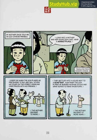 MY MOTHER ONCB TOLD mS
AN OLD CHINESE Ffif^ABLB.
< EVERY DAY WHEN THE SON FLfiifBO, HB
PRETENDED TO BUY AND SELL STICKS
HE FOUND ON THE STREET, HAG6LIN6
OVER FP.CBS WITH HIS FRIENDS. >
< THE MOTHER
DECIDED
TO IVa/B. >
< THEY SETTLED INTO A HOUSE NEXT TO
A C6A6T6Ry. NOW WHEN THE SON
PLAYED HE BOflNBO INCENSE STICKS AND
SANG S0N6S TO OBfiD ANCESTORS. >
< THE MOTHER
DECIDED TO
MOVE A6AIN. >
23
 