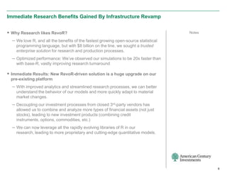 Immediate Research Benefits Gained By Infrastructure Revamp


 Why Research likes RevoR?                                                          Notes

  – We love R, and all the benefits of the fastest growing open-source statistical
    programming language, but with $8 billion on the line, we sought a trusted
    enterprise solution for research and production processes.
  – Optimized performance: We’ve observed our simulations to be 20x faster than
    with base-R, vastly improving research turnaround

 Immediate Results: New RevoR-driven solution is a huge upgrade on our
 pre-existing platform
  – With improved analytics and streamlined research processes, we can better
    understand the behavior of our models and more quickly adapt to material
    market changes.
  – Decoupling our investment processes from closed 3rd-party vendors has
    allowed us to combine and analyze more types of financial assets (not just
    stocks), leading to new investment products (combining credit
    instruments, options, commodities, etc.)
  – We can now leverage all the rapidly evolving libraries of R in our
    research, leading to more proprietary and cutting-edge quantitative models.




                                                                                             6
 