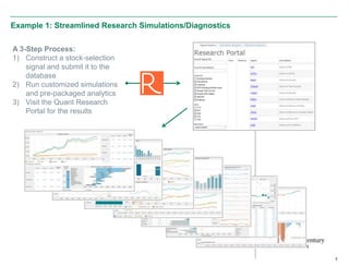 Example 1: Streamlined Research Simulations/Diagnostics

A 3-Step Process:                                         Notes
1) Construct a stock-selection
    signal and submit it to the
    database
2) Run customized simulations
    and pre-packaged analytics
3) Visit the Quant Research
    Portal for the results




                                                                  7
 