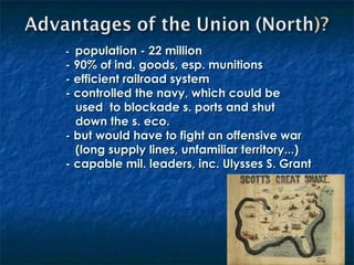 -  population - 22 million - 90% of ind. goods, esp. munitions - efficient railroad system - controlled the navy, which could be      used  to blockade s. ports and shut        down the s. eco. - but would have to fight an offensive war        (long supply lines, unfamiliar territory...) - capable mil. leaders, inc. Ulysses S. Grant   
