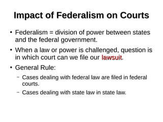 Impact of Federalism on CourtsImpact of Federalism on Courts
●
Federalism = division of power between states
and the federal government.
●
When a law or power is challenged, question is
in which court can we file our lawsuitlawsuit.
●
General Rule:
– Cases dealing with federal law are filed in federal
courts.
– Cases dealing with state law in state law.
 
